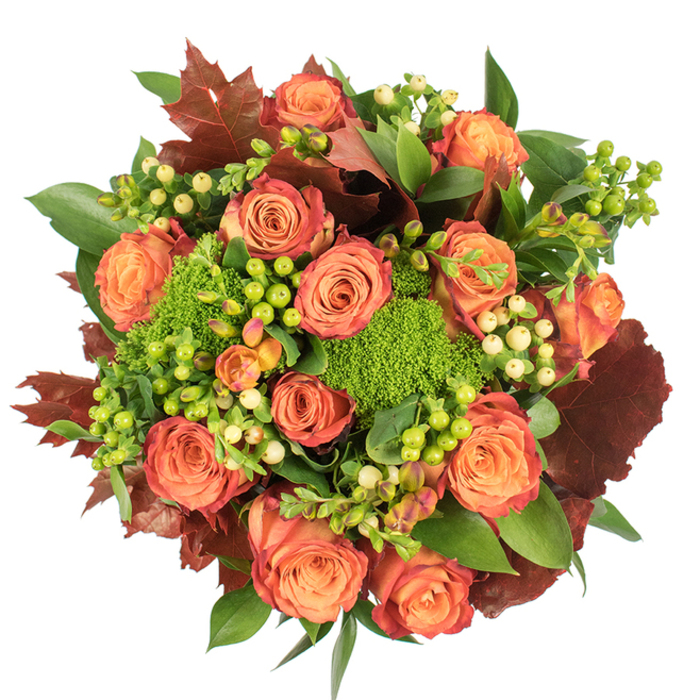 From a top-down perspective on a pure white backdrop, this hand-crafted autumn bouquet reads like a portrait of the season. The composition is densely packed and circular, anchored by many large roses in warm peach and deep orange that graduate outward to edges tinged with a reddish-rust, producing a natural ombré effect across each bloom. Scattered through the roses are tight clusters of Hypericum berries-some zesty lime green, others a soft creamy yellow-whose glossy spheres create lively points of interest and contrast against the velvet of the petals. Textural contrast comes from springy, moss-like green trick dianthus tucked into the layout; these cushiony, rounded masses impart an almost forest-floor softness that complements the roses' refined form.Strategically placed dark, lobed leaves in burgundy and burnt umber echo swept-up autumn leaves and lend a rustic depth to the palette, while larger, smooth green leaves form a verdant backdrop that gives the arrangement a luxurious, abundant feel. Soft, even light reveals the bouquet's layering and the subtle shadow play between blooms and foliage; you can almost sense the gentle fragrance of warm roses mingled with earthy green notes. As a Blackwall creation by Flowers Blackwall, this piece is suited to a Thanksgiving centrepiece, a seasonal gift for neighbours on Manchester Road, or a comforting accent for a riverside living room close to the Blackwall Tunnel.